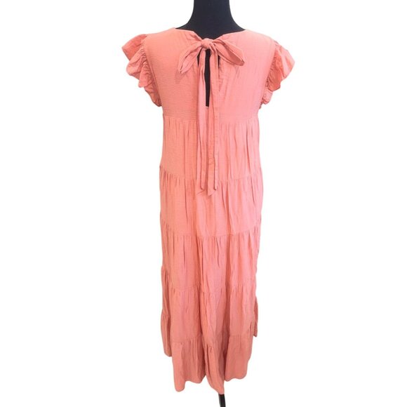 La Ven Coral Tiered Ruffle Sleeve Maxi Dress Back Tie M Cottage Core County Farm - Picture 3 of 11
